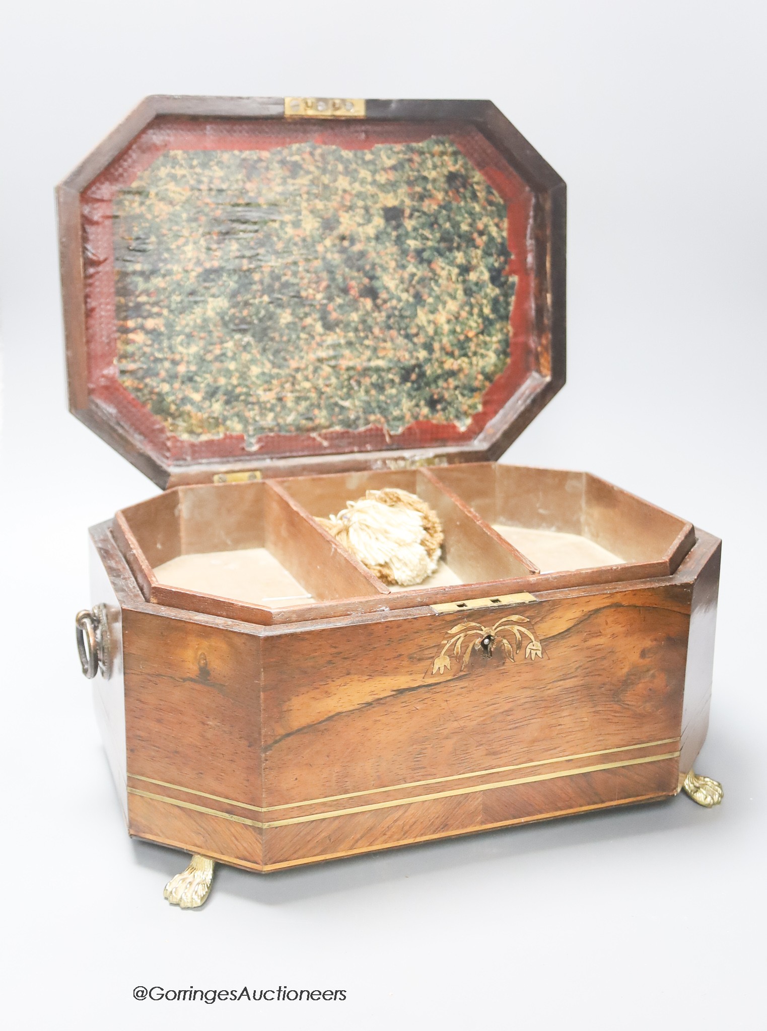 A large 19th century brass banded rosewood work box, width 33cm height 18cm